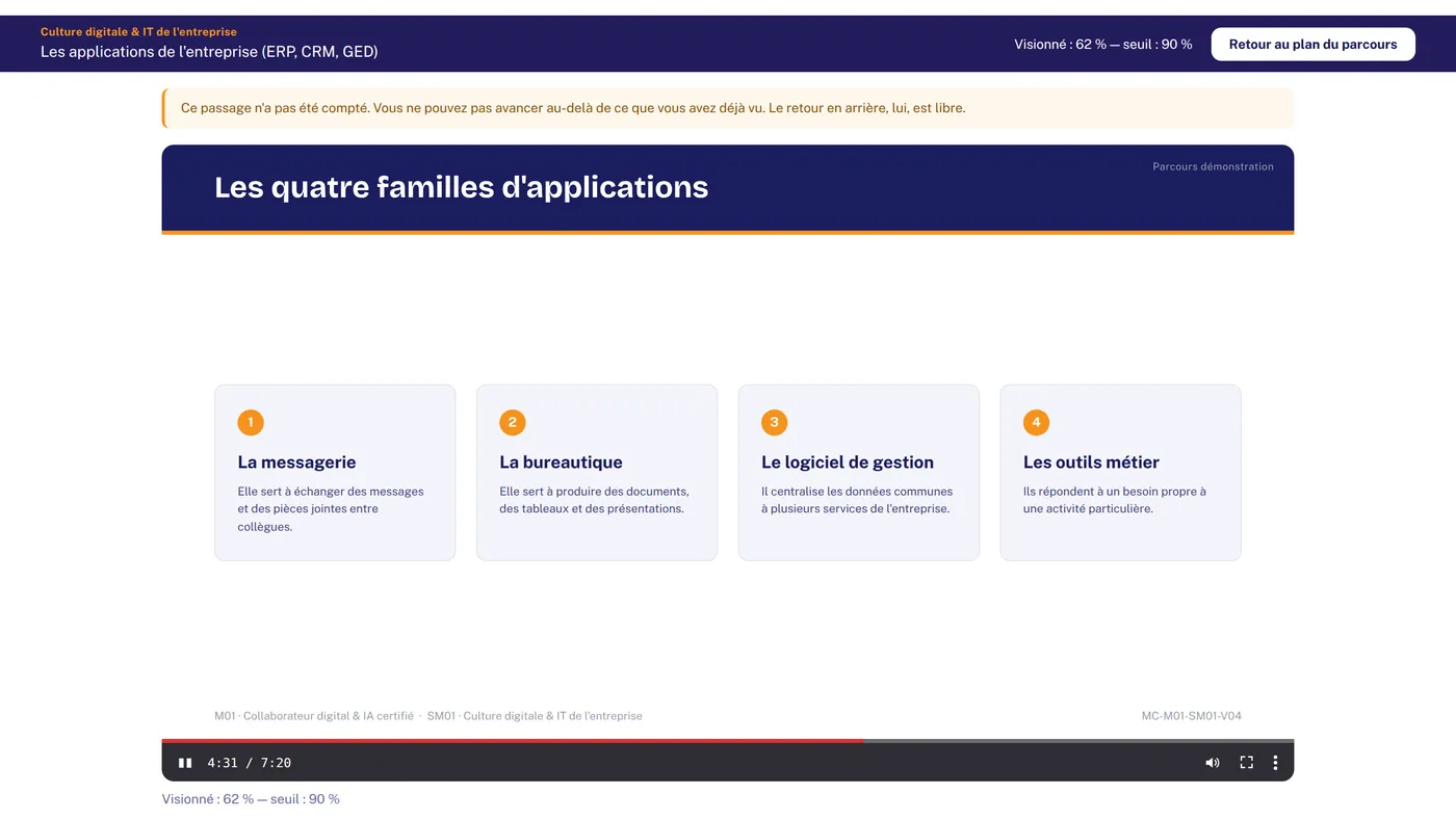 Plateforme MC Learn — lecteur vidéo indiquant le pourcentage visionné et le seuil à atteindre avant de passer à la suite.